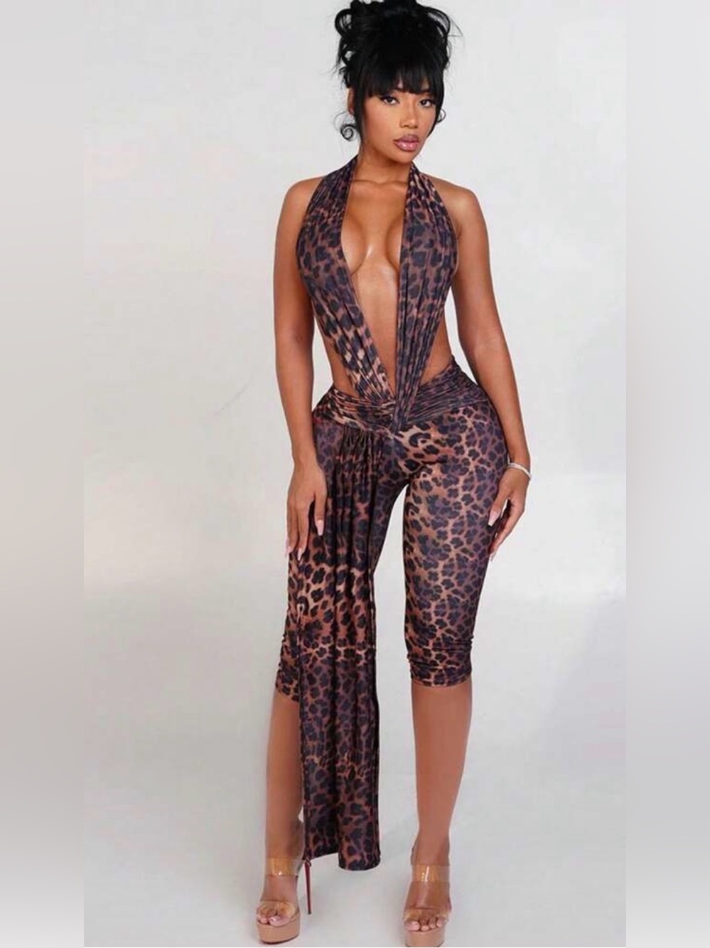 SHEIN Brown Leopard Halter Capri Jumpsuit